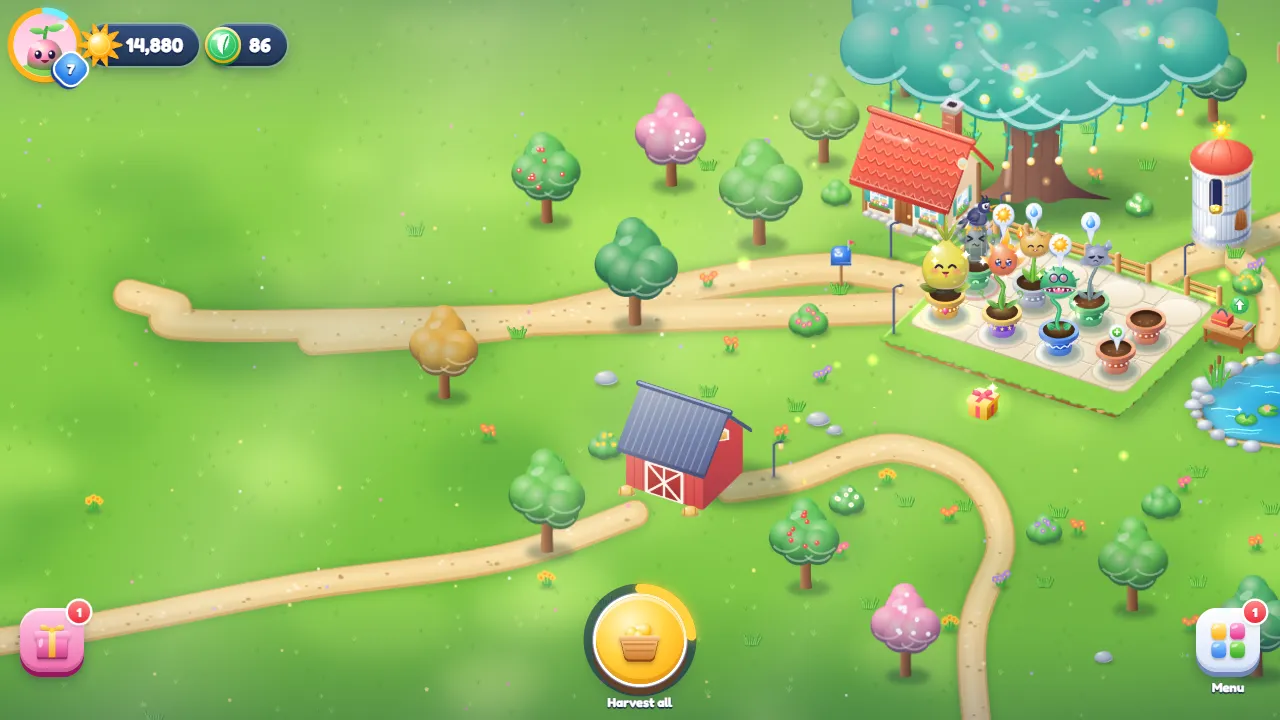 The whole ranch from above: roads, trees, the barn, the house, the pots and the lake